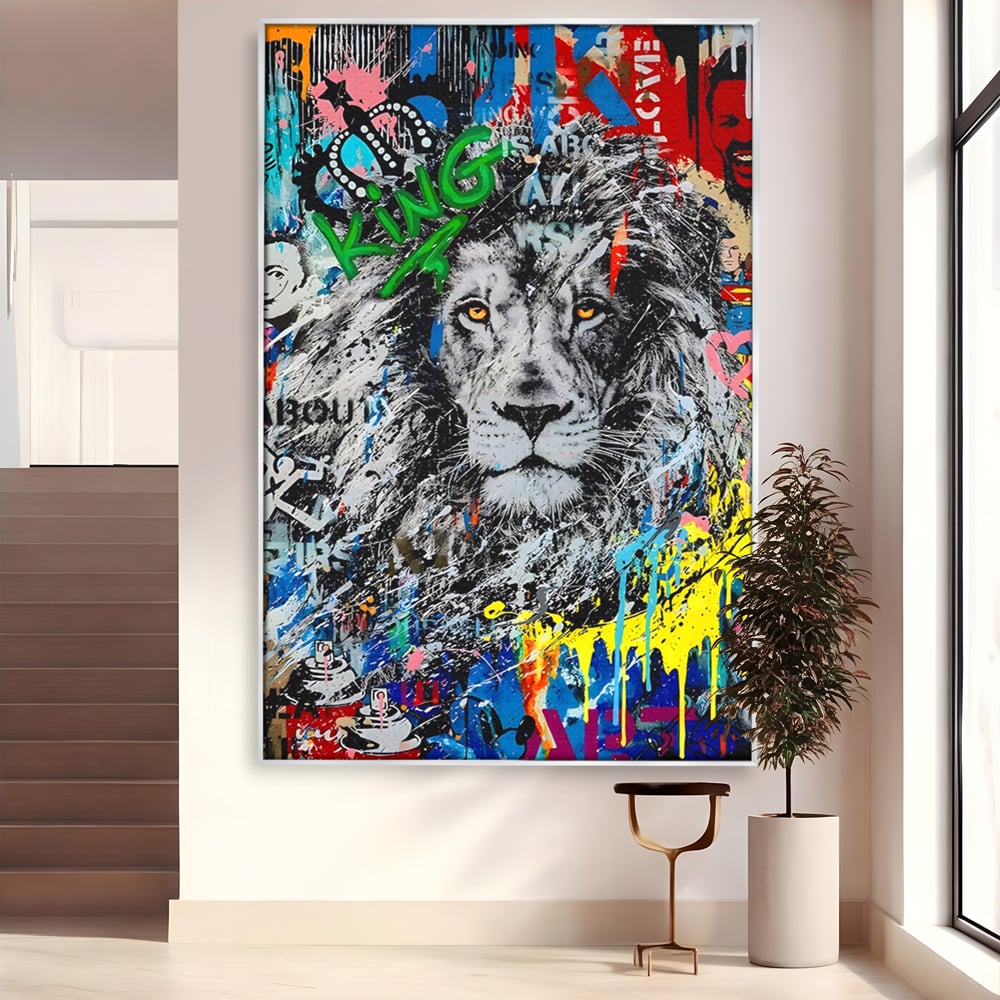 Tablou canvas cu tablou canvas cu leu stil graffiti, in rama de aluminiu argintiu